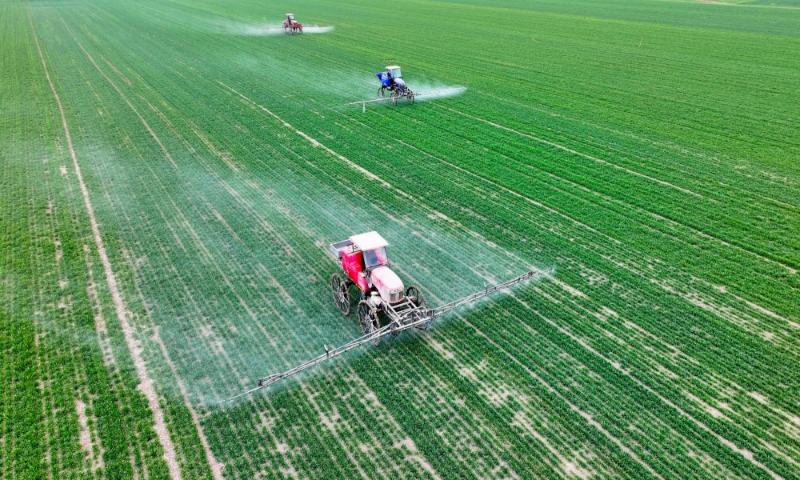 2024年2月18日,安徽省亳州市,利辛县纪王场乡孙老家村麦田,农民驾驶自走式高杆喷雾机对小麦进行喷药作业。